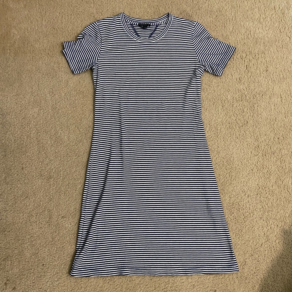 Theory Navy and White Striped Midi Dress